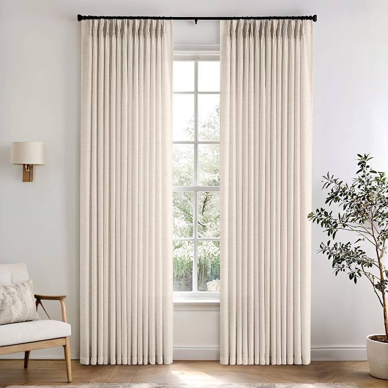 lot 6282 image: Memory Trained Pinch Pleated Curtains 84 Inches Long, Viral Linen Pinch Pleat Sheer Curtains with Ring Hooks&Clips for Track System Living Room, Birch Light Filtering Privacy Curtain 2 Panel Set