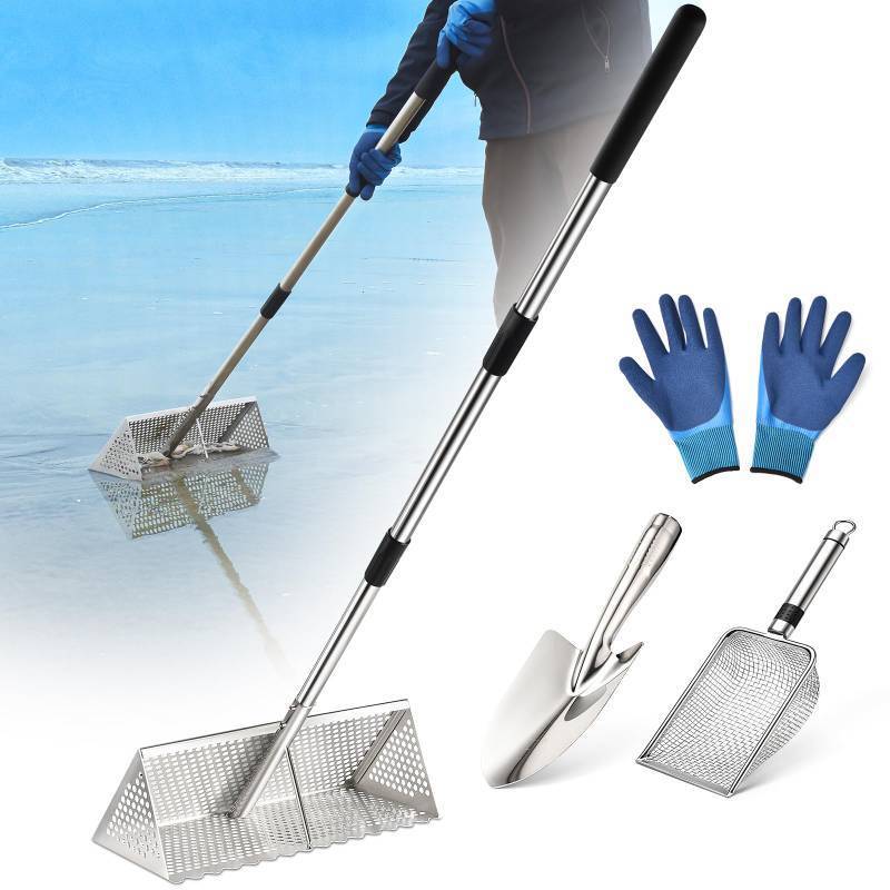 lot 11048 image: Sand Flea Rake, Long Handle Sand Sifter for The Beach, Stainless Steel Shark Tooth Sifter Comes with A 16-Inch Wide Mesh Screen for Collecting Fleas, Shark Teeth, and Seashells