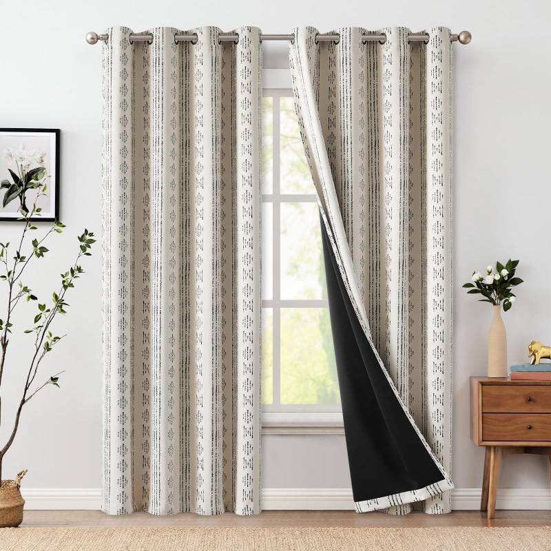 lot 6284 image: jinchan 95% Blackout Boho Curtains 96 Inch Length for Bedroom Black on Beige Geometric Printed Grommet Top Room Darkening Thermal Insulated Window Drapes 2 Panels