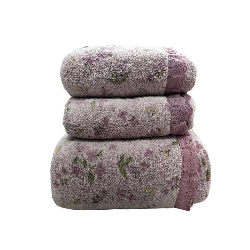 lot 6285 image: USTIDE Purple Lavender Bath Towels Set-3 Luxurious Lace Edge Hand Towels Coral Fleece Soft Velvet Towels for Shower Spa Gym Bath Sheets