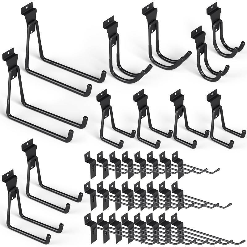 lot 3562 image: INCLY 36 Pack Heavy Duty Slatwall Hooks, Black Garage Slatwall Panel Accessories Utility Hooks, Slat Wall Hanging Hooks and Hangers for Garages, Sheds, Basements