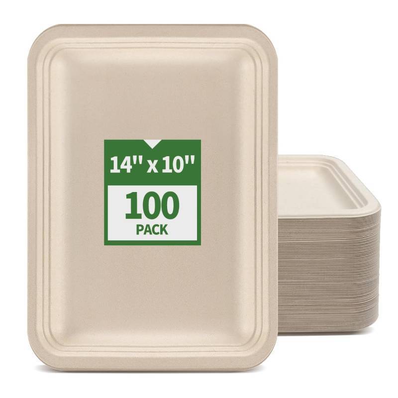 lot 11050 image: AICHEF 100 Pack 14 inch Large Disposable Food Trays for Crawfish Seafood Boil BBQ Dessert, Large Paper Plates 14 inch Heavy Duty Disposable Serving Trays for Seafood Boil Party