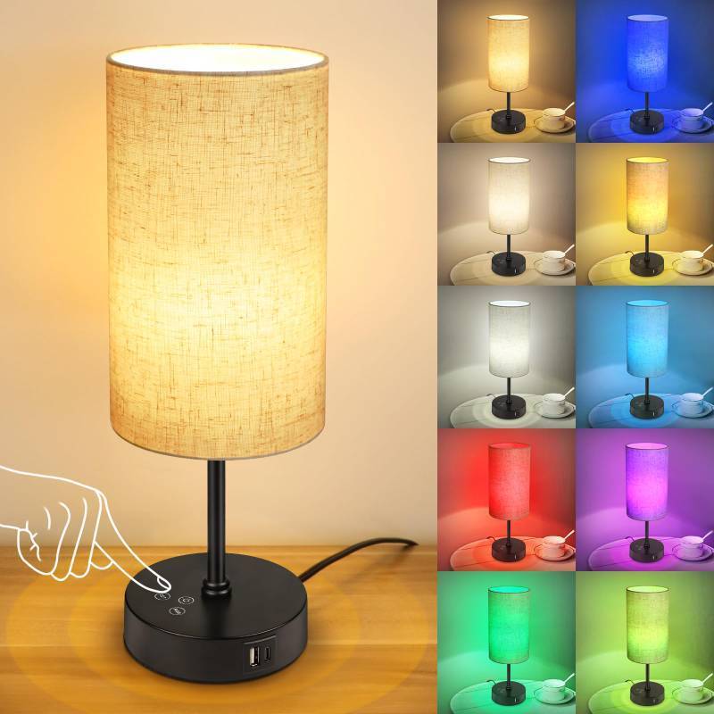 lot 13852 image: Unicozin Table Lamp, 3 CCT 3000K4500K6500K & RGB Color Changing, Stepless Dimmable Small Bedside Lamp for Reading, Ambience Nightstand Light for Home Decor Party, Beige Shade