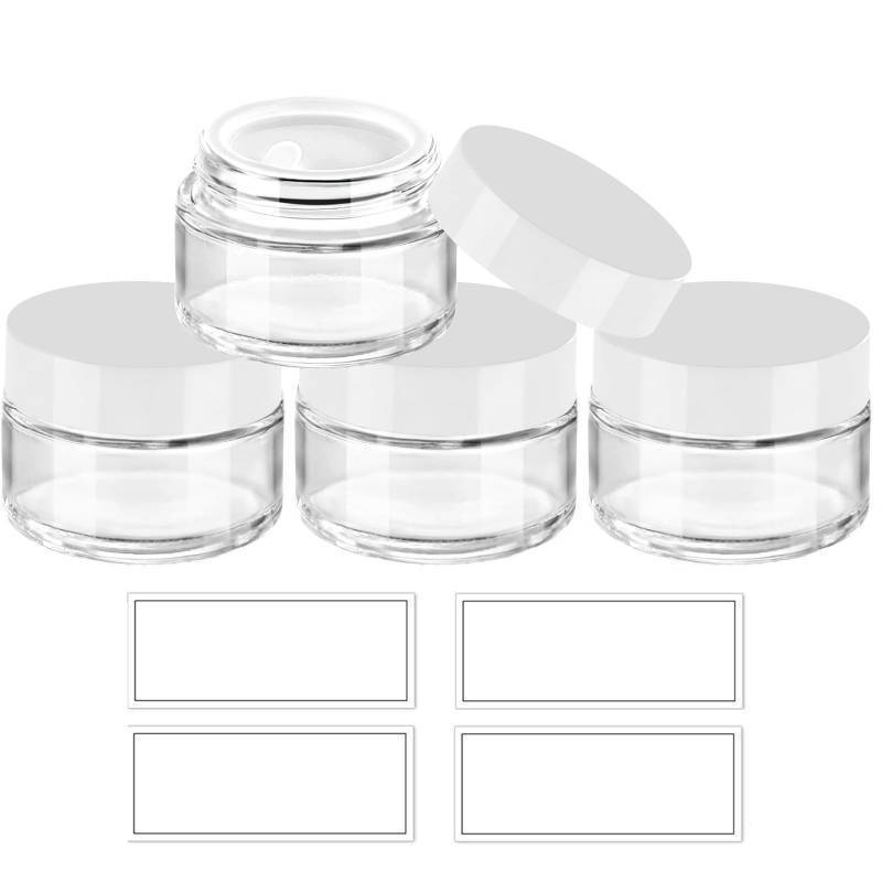 lot 12163 image: 1 oz Glass Jars with Lids & Inner Liners, 4 Pack Small Glass Jars Thick Round Airtight Travel Containers for Cosmetics Cream Lotions Powders  Essential oil Beauty Products  Candle Making Jar