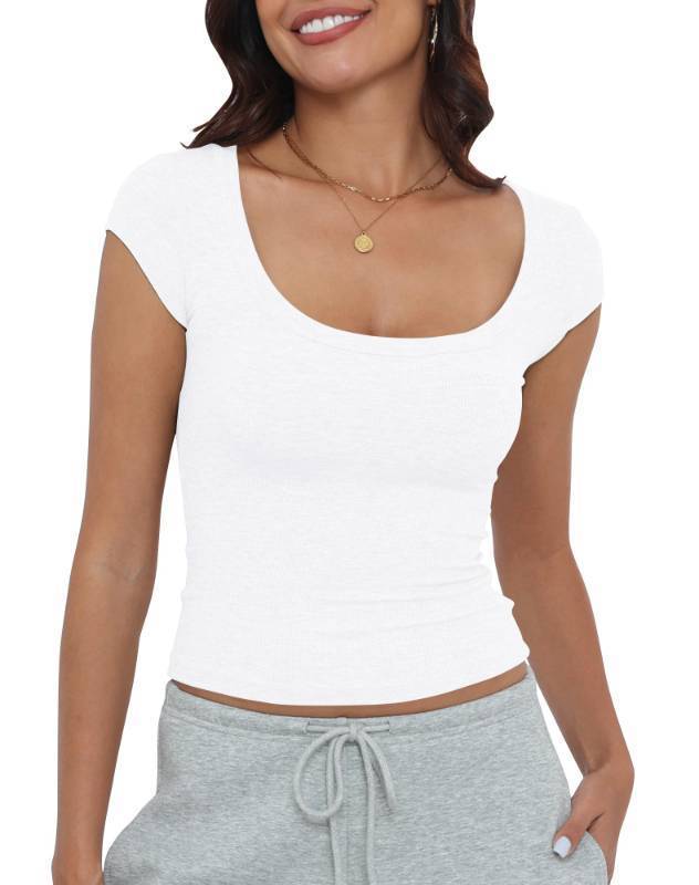 lot 6290 image: Artfish Womens Short Sleeve T-Shirts Low Scoop Neck Slim Fitted Ribbed Knit Casual Longer Crop Top (White, L) stained needs washed