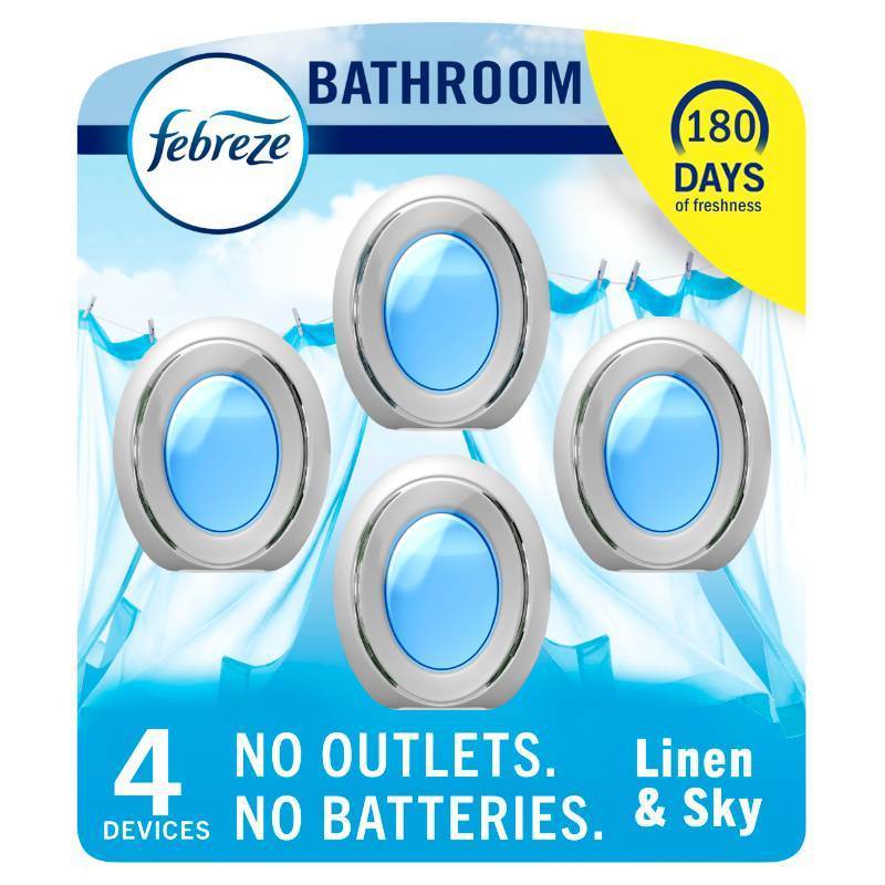 lot 12164 image: Febreze Bathroom Air Freshener Odor-Fighting for Small Spaces Scented Plug In Alternative Long-Lasting for Home and Bathroom and Kitchen Closet Air Fresheners, Linen & Sky Scent, 4 Count (Leaking)