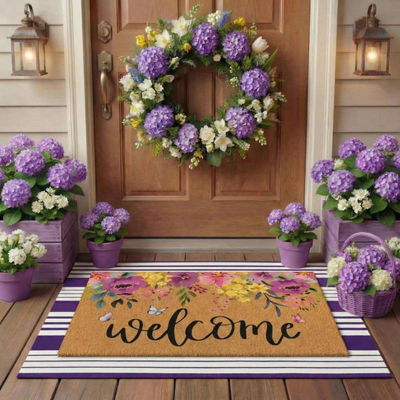 lot 3567 image: Tinideya 2 Pcs Door Mat Welcome Non Slip Coir Mats Floor Layering Doormats Seasonal for Front Porch Entryway Decor(Purple Flowers)