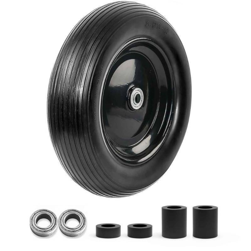 lot 3569 image: Cubesprings 13 Inch Wheelbarrow Tires 4.00-6 Flat Free Wheelbarrow Tire, 58 or 34 Bearings Sold Tire Replacement for Wheel Barrel Wheel Barrow, Includes Adapter Kit(4.00-6 Flat Free)