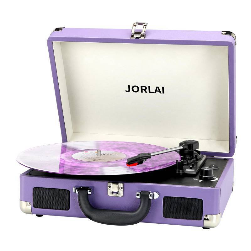 lot 19976 image: JORLAI Record Player 3 Speed Vinyl with Bluetooth Vintage Turntable Built in Battery Portable Suitcase Support Aux in RCA Line Out Headphone Jack Purple