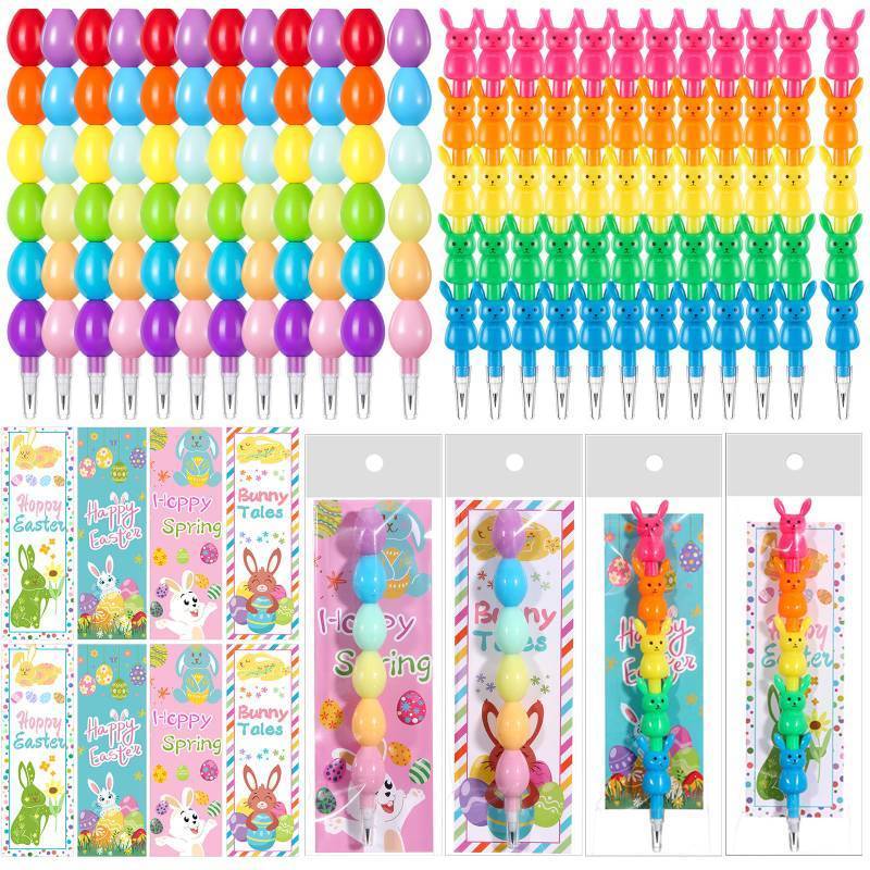 lot 6298 image: MotiMind 48 Pieces Easter Party Favors Stackable Pencils for Kid, 24 Bunny Egg Stacking Pencils with 24 Card Rabbit Pencil for Easter Basket Goodie Bag Stuffers Egg Hunt School Student Reward Gift