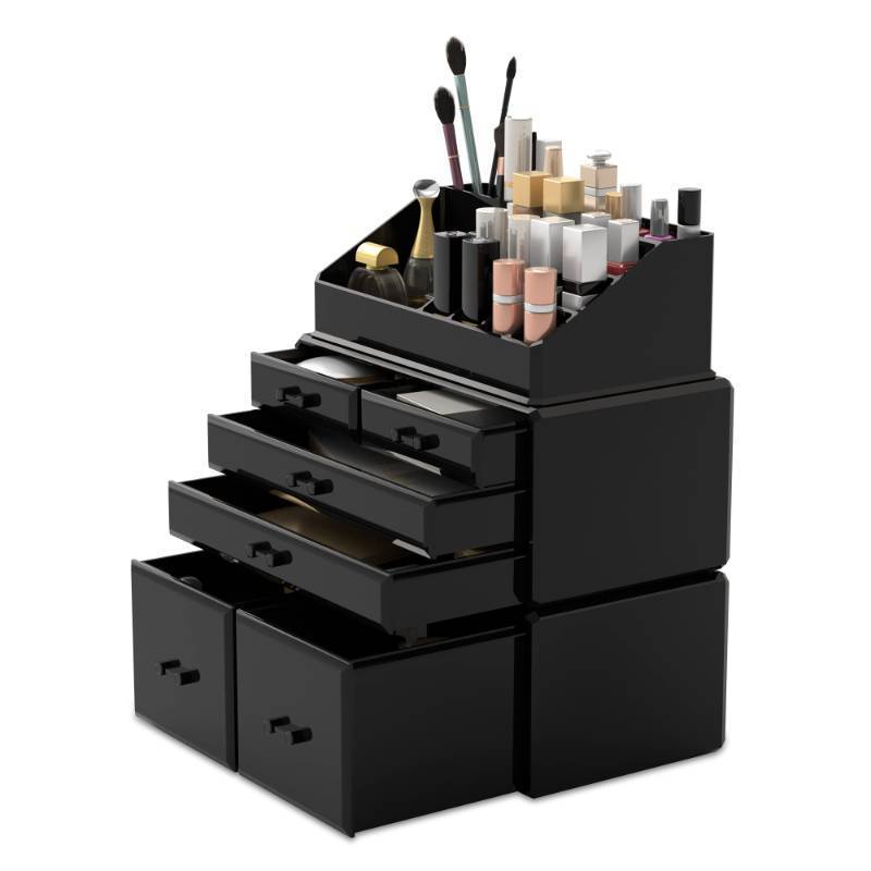 lot 13860 image: READAEER Makeup Organizer 3 Pieces Cosmetic Storage Case with 6 Drawers (Black)