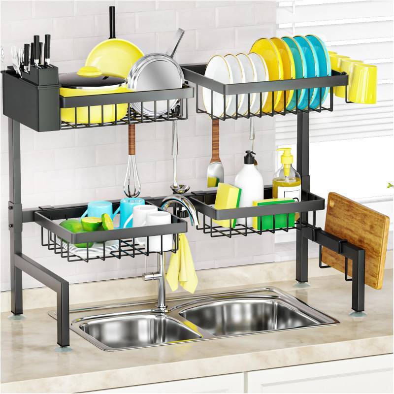 lot 11056 image: SNSLXH 4 Baskets 2-Tier Over The Sink Dish Drying Rack, 26.57-35, Large Sink Rack for Kitchen, Extensible and Adjustable, Saving Kitchen Space