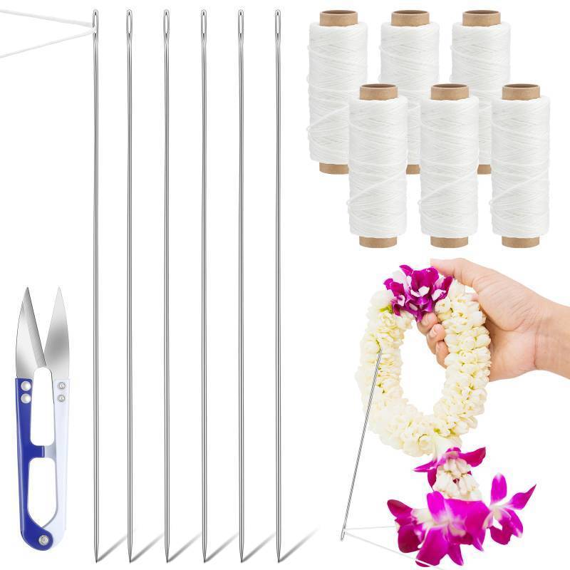 lot 6306 image: Leriton 13 Pcs Lei Needle Kit, 6 Pcs 14 Stainless Steel Long Needle Fot Hawaiian Leis 6 Twine 1 Sewing Scissors Making Kit for DIY Graduation Hawaiian Flower Wreath Craft Accessory
