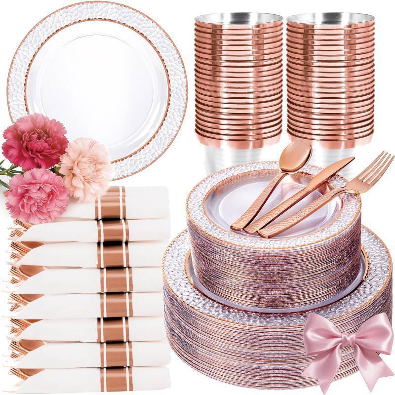 lot 11058 image: Ciaell 350PCS Rose Gold Plastic Plates - Clear Rose Gold Disposable Plates with Plastic Silverware include 100Plates, 150Silverware, 50Cups, 50Napkins for Wedding & Party & Mothers Day