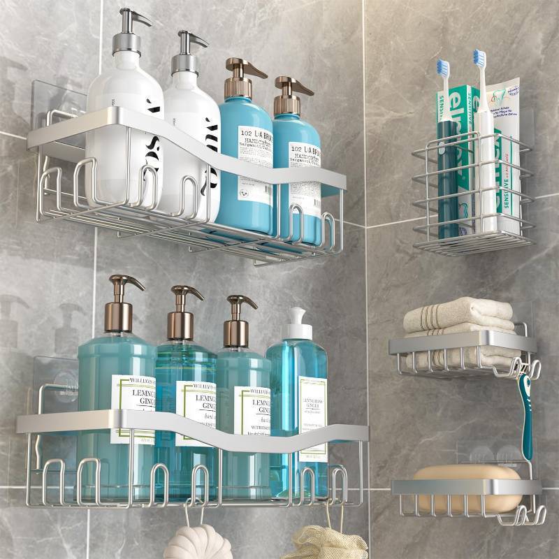 lot 11059 image: Youvip Adhesive Shower Caddy, No Drilling Bath Organizers 5 Pack, Rustproof Shelves with Soap Holder & Toothbrush Holder, Bathroom Organizers and Storage, Silver