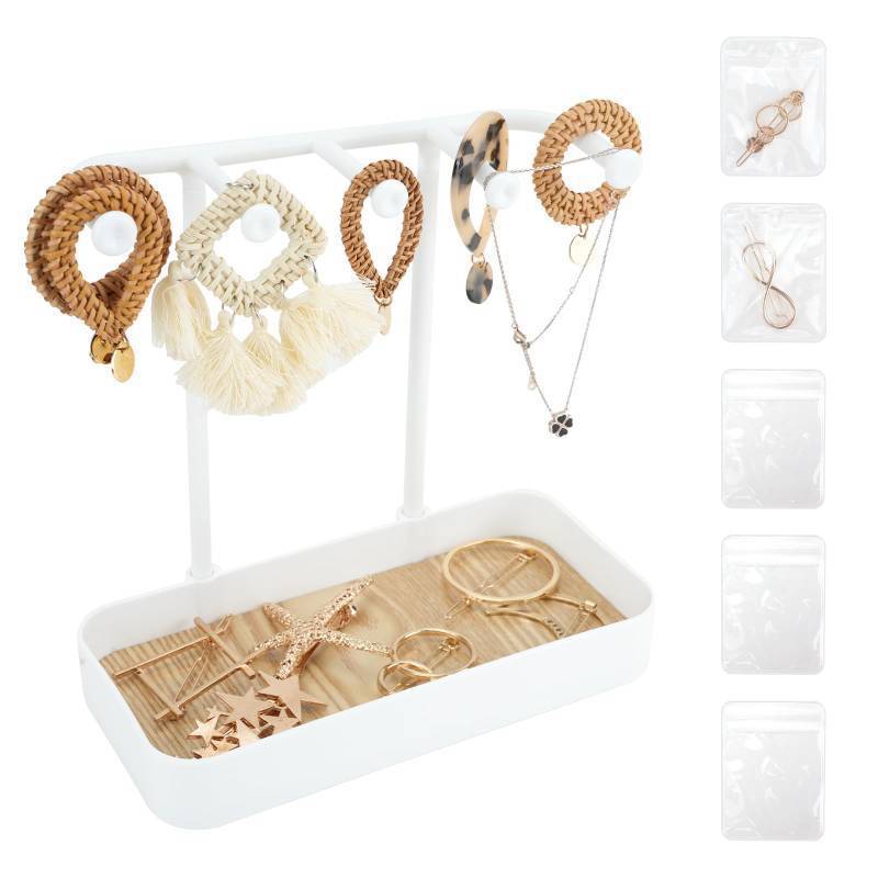 lot 14206 image: WCHOSOZH Jewelry Organizer Stand, Necklace Holder with Wooden Tray 5 Storage Hooks, Earring Holder with 5 Pcs Jewelry Bags for Bracelet,Chains,Rings,Earrings,Keys Watches,Necklaces (White)