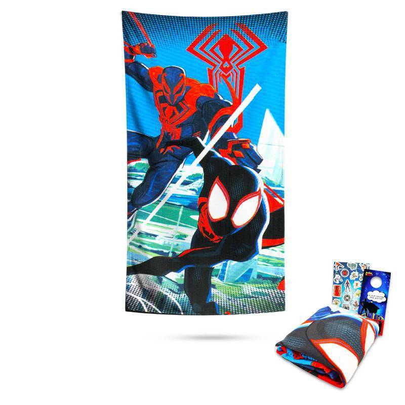 lot 6310 image: Marvel Spiderman Towel Set - Bundle with 27x54 Miles Morales Towel, Stickers and More  Spiderverse Superhero Pool and Bathroom Kit