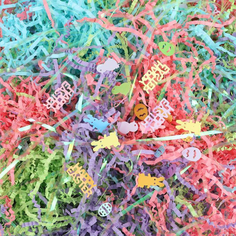 lot 6311 image: FOIMAS Easter Crinkle Cut Paper Shred Filler, 4.06oz Crinkle Easter Grass Shredded Paper with Confetti for Easter Basket Filler Gift Packaging Supply, Purple Green and Pink