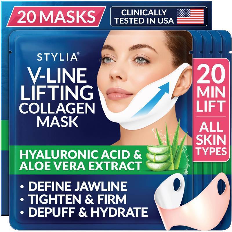 lot 4353 image: STYLIA V Line Lifting Collagen Face Mask - Lift, Firm & Contour Jawline - Double Chin Strap with Hyaluronic Acid & Aloe Vera - Hydrating Neck & Face Tightening Mask - Chin Strap for Sleeping - 20PC