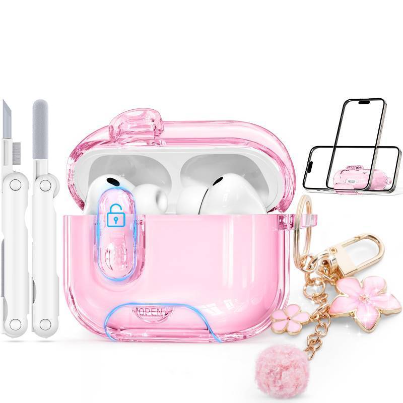 lot 12194 image: Clear Case for AirPods Pro 3 Case Cover with Safety Lock,Soft TPU Cover with Phone Stand & Cleaning Kit,Cute Bling Keychain for Women Girls-Clear Pink