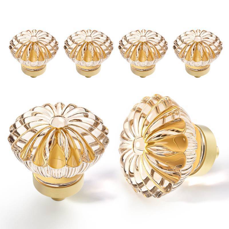 lot 12199 image: CEYMIO 4 Pack Modern Decorative Cabinet Knobs - Champagne Gold & Clear Crystal Drawer Pulls for Dresser, Closet, Cupboard, Bathroom, Kitchen Furniture - Acrylic, Glass, Copper & Gold Accents