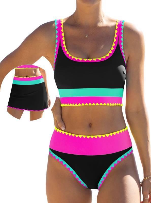 lot 6324 image: popvil High Waisted Bikini Sets for Women Tummy Control Swimsuits 3 Piece Bathing Suits Neon Swimwear with Skirt 2026 Black XXL