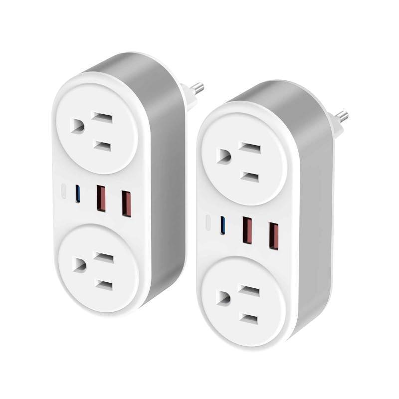 lot 4366 image: 2 Pack European Travel Plug Adapter, CHUAFIUR US to Europe Plug Adapter with 2 Outlets 3 USB Charging Ports, PD 20W Fast Charger with Type C Travel Essentials to Most EU Spain Italy France Germany