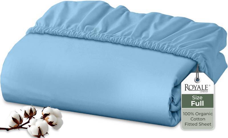 lot 4368 image: Royale Linens 100% Organic Cotton Fitted Sheet - Percale Weave - Super Soft Deep Pocket Bottom Sheets - Lake Blue Elastic Sheet Full Size - Full Fitted Sheets Only - (54x7515, Lake Blue)