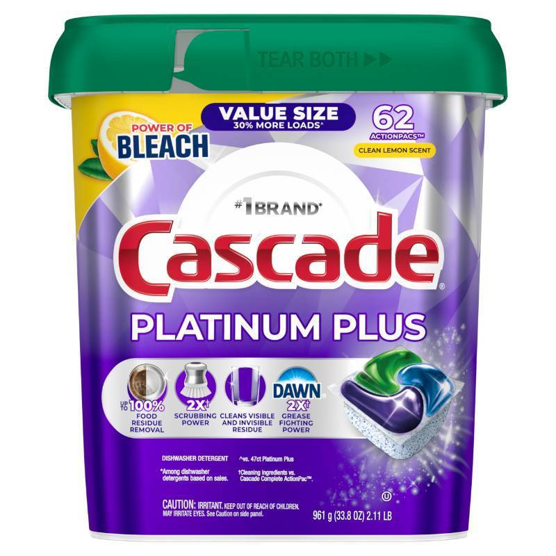 lot 12222 image: Cascade Platinum Plus Dishwasher Pods, Dish Detergent Soap, Clean Lemon Scent, 62 Count