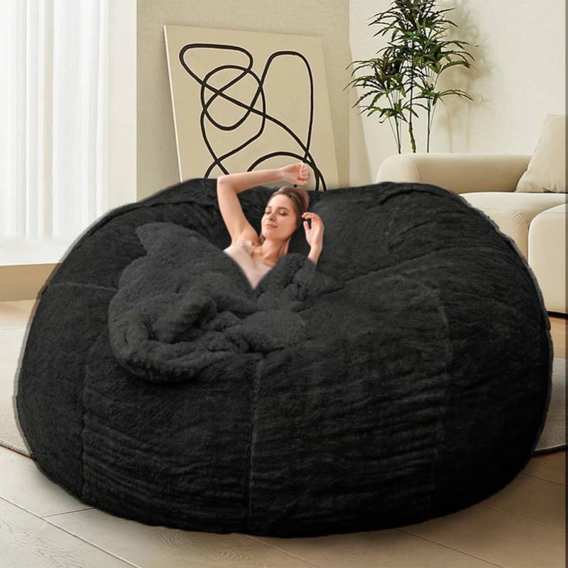 lot 12226 image: HDMLDP Bean Bag Chair for Adults Kids Without Filling Comfy Fluffy Giant Round Beanbag Lazy Sofa Cover for Reading Chair Floor Chair, 6FT, Black