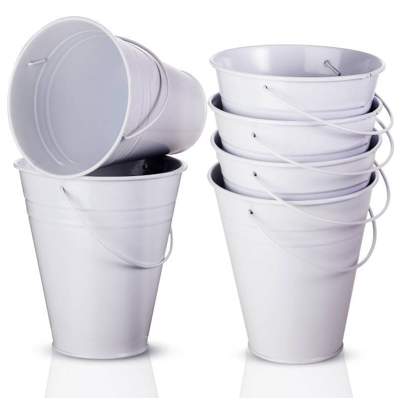 lot 11067 image: Sadnyy 6 Pack White Small Metal Galvanized Bucket with Handle 5 White Mini Metal Buckets and Pails Graduation Party Container Table Centerpiece for Candy Vase