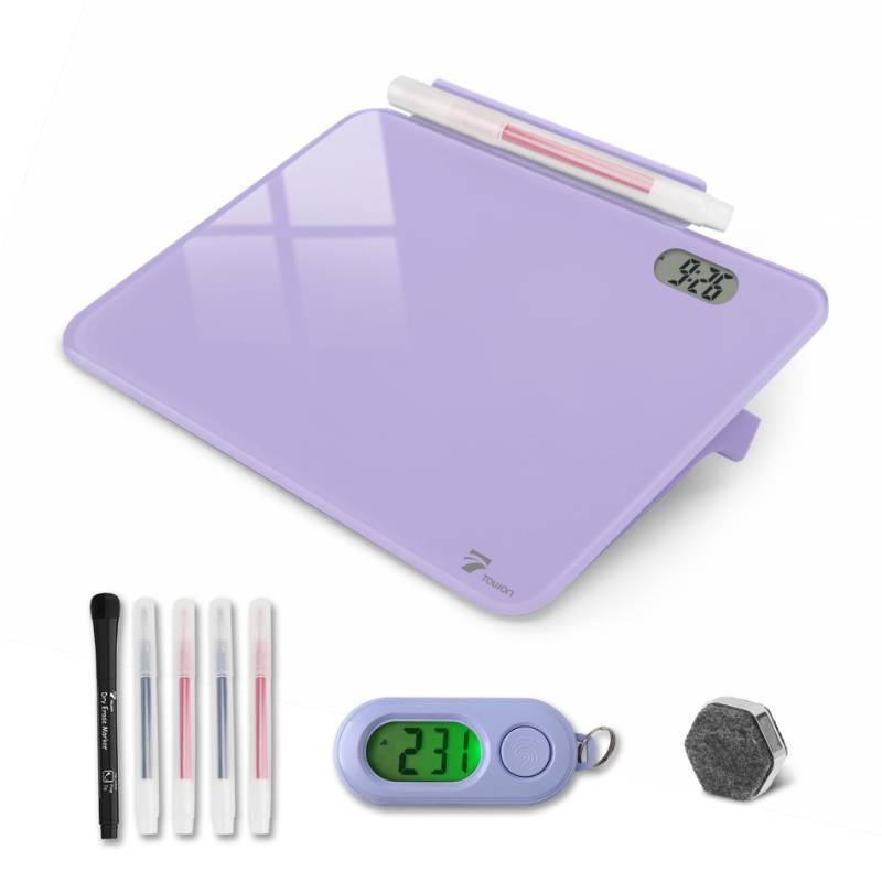 lot 11076 image: Small Glass Desk Whiteboard Dry-Erase Board with Clock, Small Travel Clock Keychain with Desk Notepad, Time Table Whiteboard for Desk Digital LED Light Display, 8x6 in with Accessories, Purple