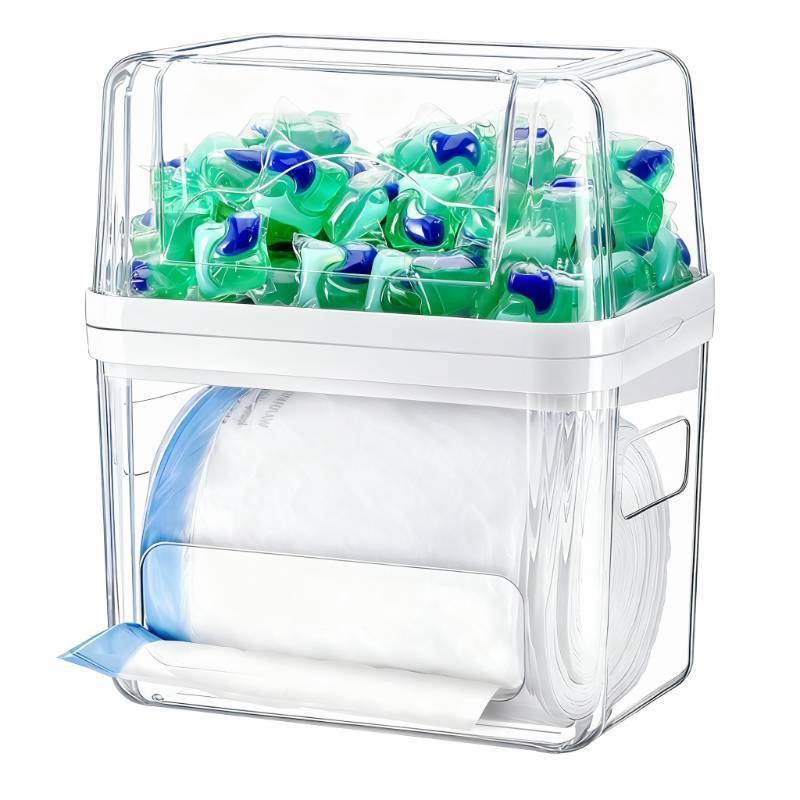 lot 11093 image: iCASA Trash Bag Dispenser Dishwasher Pod Organizer, 3 in 1 Grocery Garbage Bags Holder Storage Box Clear Laundry Room Pods Dishwasher Tab Cleaner Tablets Container Pantry Kitchen Under Sink Organizers