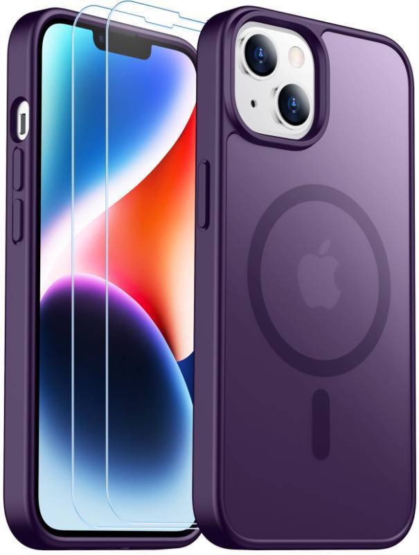 lot 12233 image: SPIDERCASE for iPhone 13 Case for iPhone 14 Case, Magnetic Translucent 2 Pack Tempered Glass Screen Protector Anti-Fingerprint Anti-Scratch for iPhone 1413 6.1, Purple