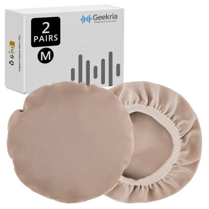 lot 12246 image: Geekria 2 Pairs Flex Fabric Headphones Ear Covers - Product Safety Certified - Washable & Stretchable Earcup Protectors for Over-Ear Headsets, Sweat Pads for Gym (Size MLight Brown)