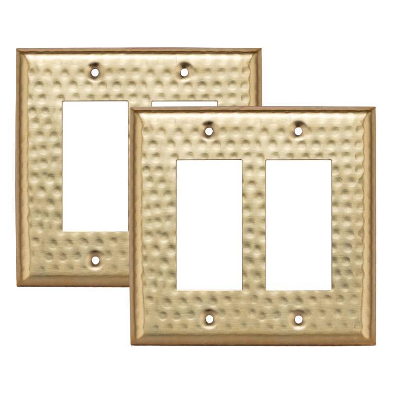 lot 4371 image: Monarch Abode Rocker Light Switch Cover Plate, 2-Gang Brushed Gold Decorator Wall Plates, Hand Hammered Decorative Outlet Covers Wall Plates for Receptacle, GFCI Electric Outlet Cover, Pack of 2