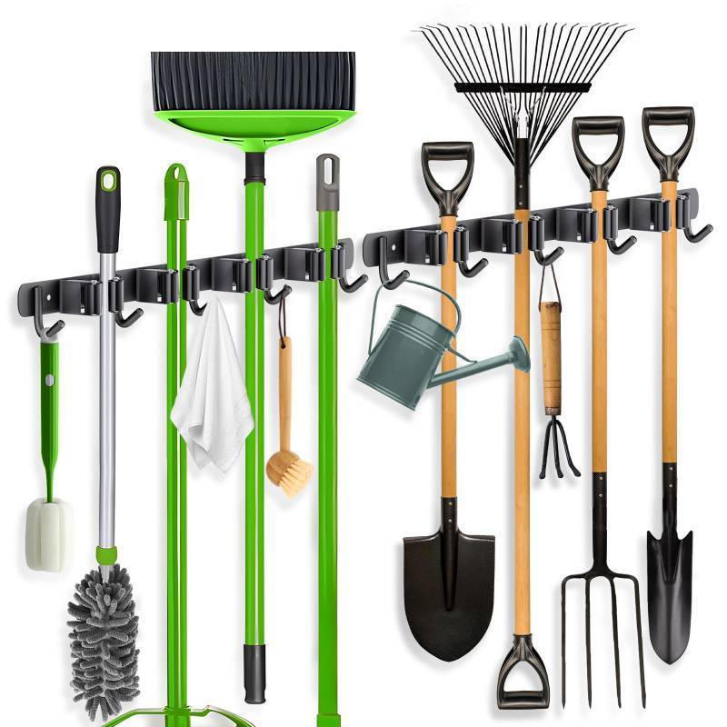 lot 17597 image: ZONGOOL 2 Pack Broom Holder Wall Mount, 4 Racks and 5 Hooks Mop Hanger Wall Mount Broom Organizer Stainless Steel Heavy Duty Garage Tool Racks for Home Kitchen Garden Laundry (Black)