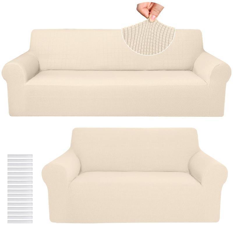 lot 17604 image: Peryiter 2 Pcs Sofa Covers Couch and Loveseat Covers Set Stretch Sofa Slipcover for Living Room Armchair Furniture Protector, Wrinkle Proof(Black Brown,Tech Cloth)