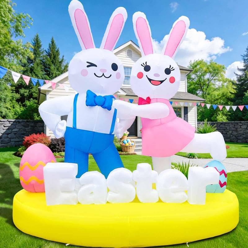 lot 17605 image: 6FT Easter Inflatables Outdoor Decoration Inflatable Bunny Lover Dancing Built in LED Lights Bunny Blow Up Yard Decoration for Lawn Garden Holiday Party(with Storage Bag)