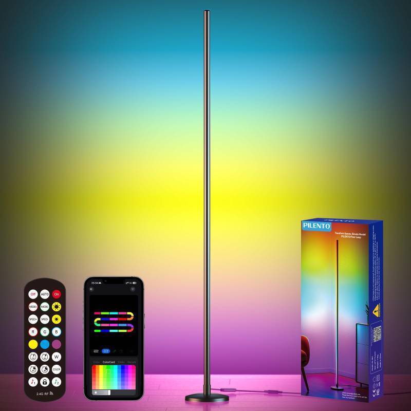 lot 17606 image: PILENTO RGB LED Corner Floor Lamp with Music Sync and 16 Million DIY Colors, Color Changing Modern Smart Standing Lamp with APP and Remote Control, Ambient Light for Bedroom, Living Room & Gaming room
