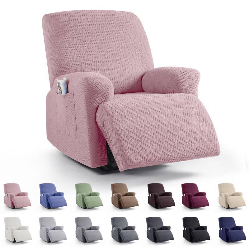 lot 17607 image: KinCam Recliner Covers, Stretch Reclining Chair Covers, Recliner Sofa Slipcovers Stripe Jacquard Recliner Couch Covers Furniture Protector Covers for Pet Kid (1 Seater, Pink)