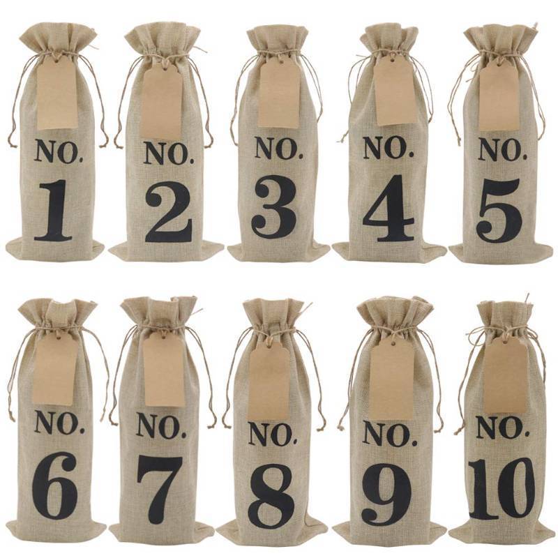 lot 16433 image: HRX Package 10pcs Burlap Wine Bags with Tags for Blind Wine Tasting, Numbered Hessian Cloth Glass Bottle Gift Bags for Christmas Wedding Party Decoration
