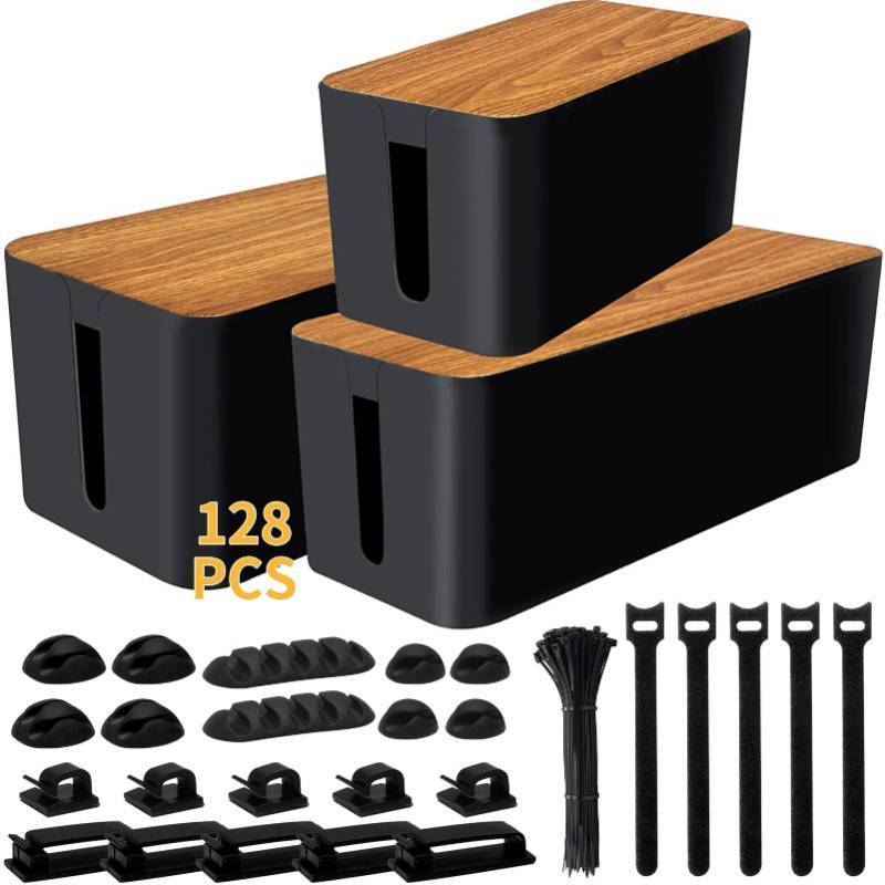 lot 17610 image: YUANYE Cable Management Box Cable Management Kit for Power Strip to Hide Wires,Cord Organizer Boxes,Safe ABS Material Wire Organizer of Cable Clips Sleeve for Home & Office,3Pack-128PCS Black