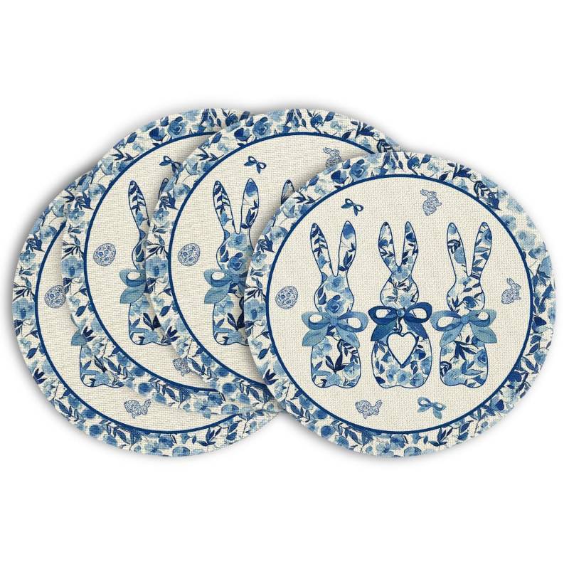lot 16440 image: Artoid Mode Blue and White Porcelain Bunny Rabbit Easter Placemats Set of 4, 14 Inch Spring Round Table Mats for Party Kitchen Dining Decoration