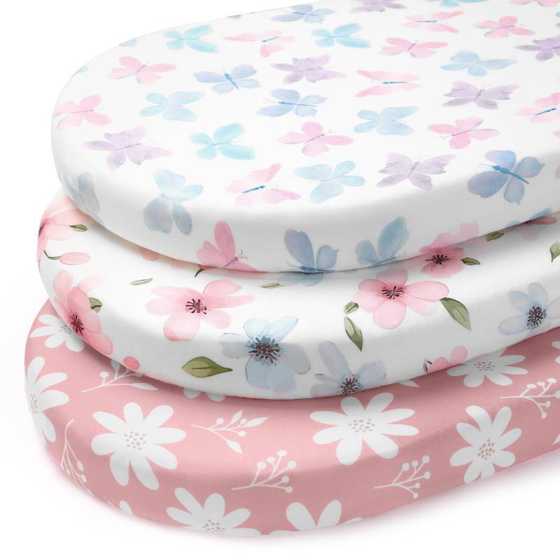 lot 17611 image: FIEMOL Baby Bassinet Sheets Girl, 3 Pack Fitted Bassinet Mattress Sheets, Compatible with Halo Bassinest Swivel Sleeper&Oval Hourglass Rectangle Mattress,Ultra Soft Butterfly Floral