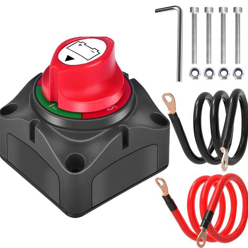 lot 4385 image: SUNMORN Battery Disconnect Switch, 2PCS Cables 1.64FT with Heavy Duty Wire Lugs, Battery Disconnect Switch 12V, DC 5-60V Master Isolator CutShut Off for RVs, Campers, and Boats
