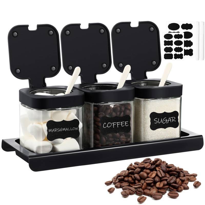 lot 17612 image: Suclain 3 Pcs Glass Coffee Containers Coffee Station Organizer Set, Airtight Bean Storage Jars with Shelf,labels,spoon, Base and Pen,for Sugar, Candy, Oats, Nuts(Black)