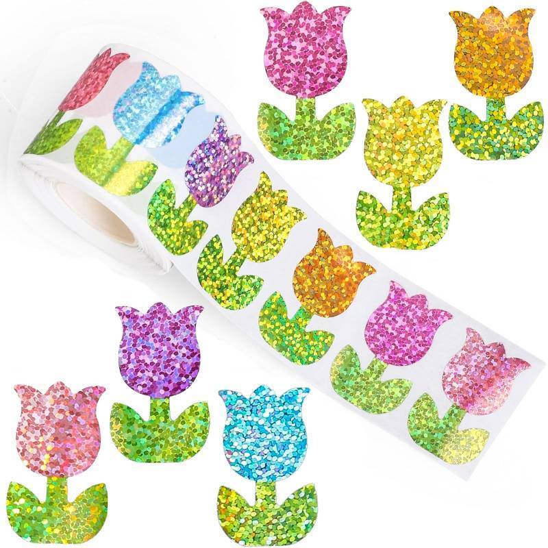 lot 16444 image: 500 Pcs 1.5 Inches Glitter Tulip Stickers for Kids and Adults, 6 Colors Sparkly Flower Stickers Roll Self-Adhesive Labels for Spring Crafts, Party Favors, Scrapbooking, and Garden Theme Decorations