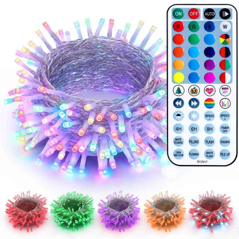 lot 16446 image: Brizled RGB Christmas Lights, 66ft 200 LED Color Changing Christmas Light with Remote, Dimmable Xmas Lights Outdoor Indoor Waterproof Mini String Light, Xmas Tree Lighting for Tree Halloween Party