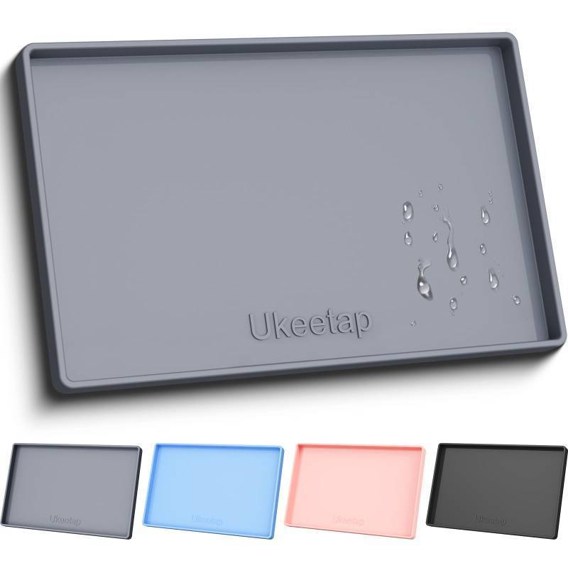 lot 16447 image: ukeetap Extra Thick Silicone Mat Waterproof with Raised Edge 19 x 12, BPA Free Non-Slip Dog & Cat Food Mat, Feeding Mat for Food and Water Bowls, Spill Proof Mat to Protect Floors, Gray